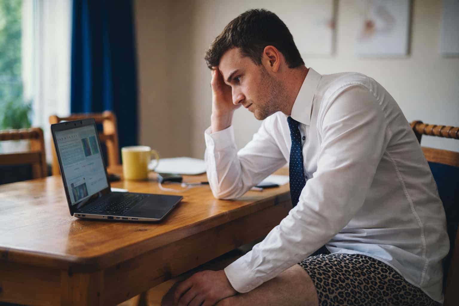 Stressed man in a white dress shirt and leopard print boxers working on a laptop home.
