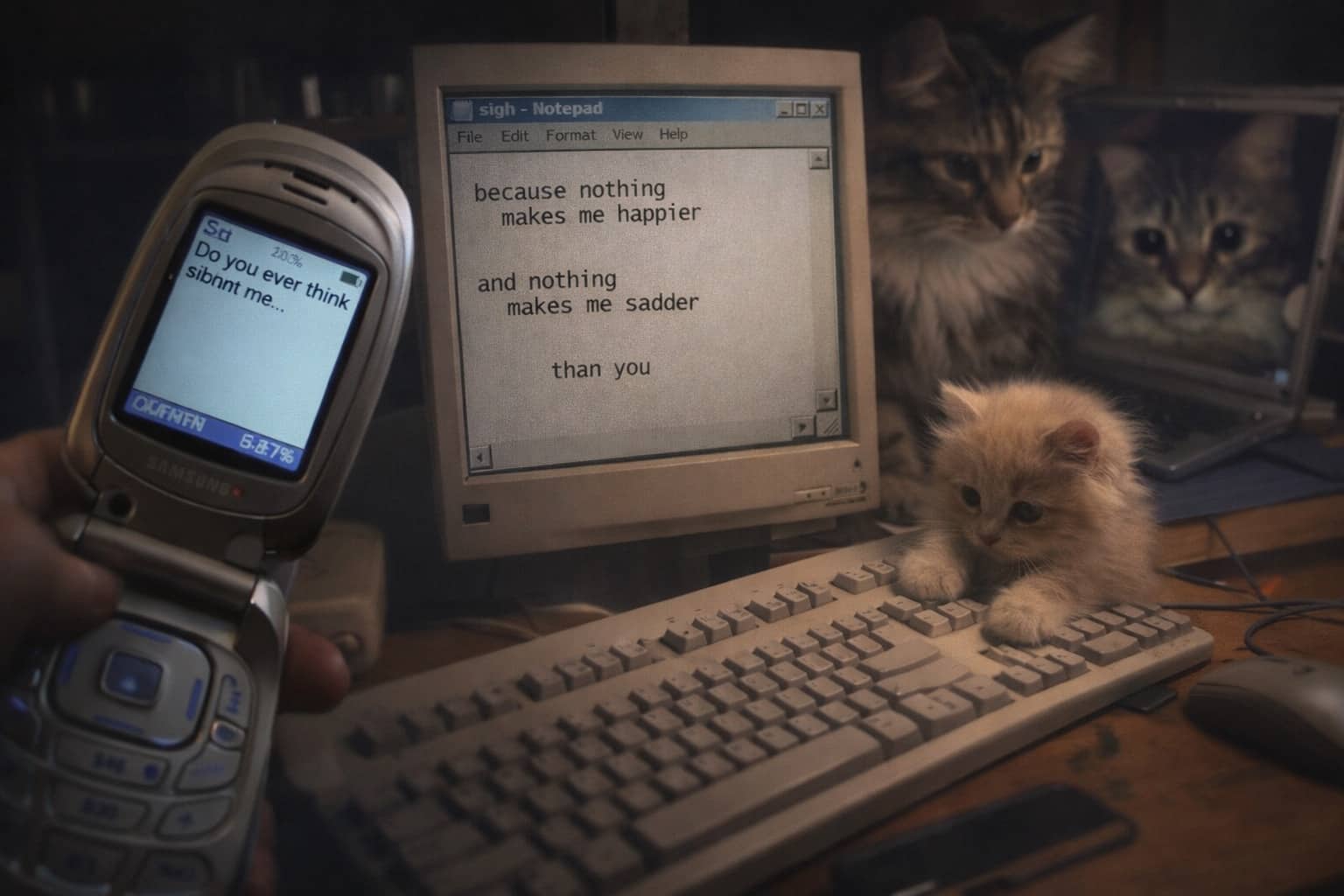 Kitten sitting on a vintage computer keyboard next to a flip phone and old monitor.