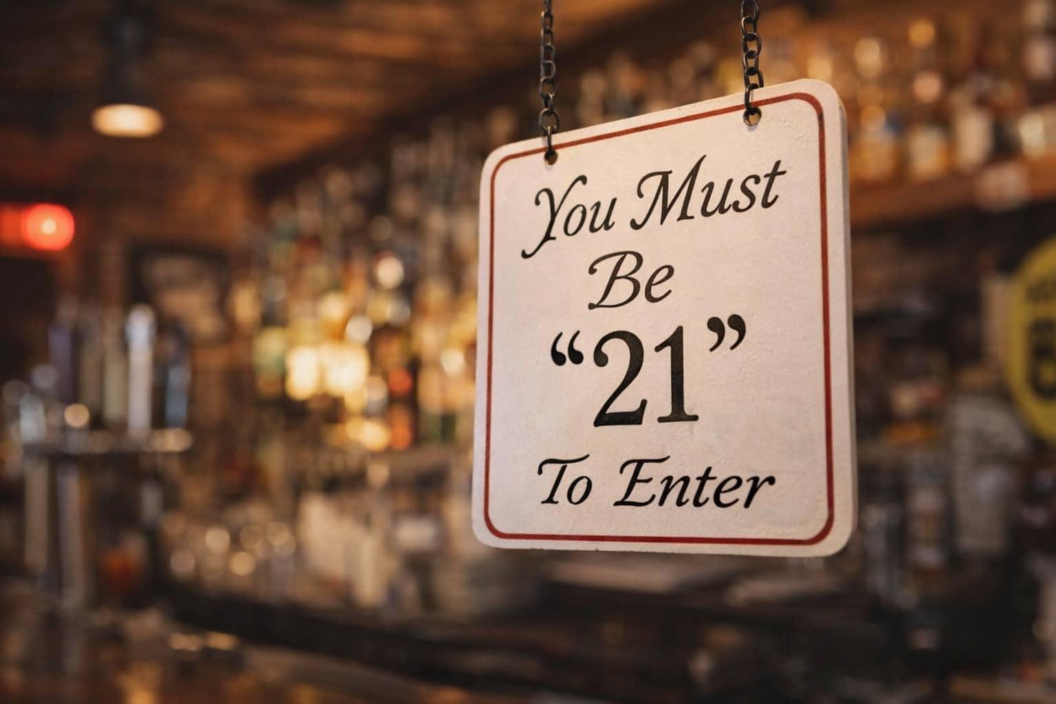 A bar sign with unnecessary quotation marks around the number 21 in a dimly lit pub.