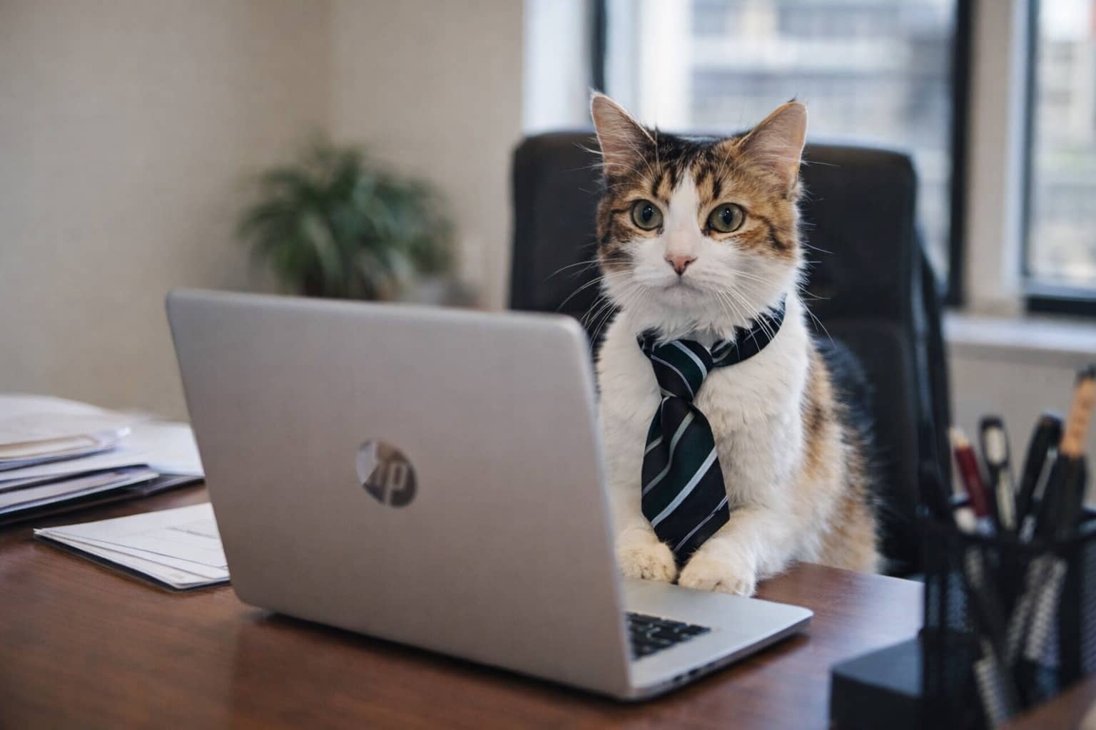 Professional calico cat wearing a necktie sitting behind a laptop for a business cats meme.