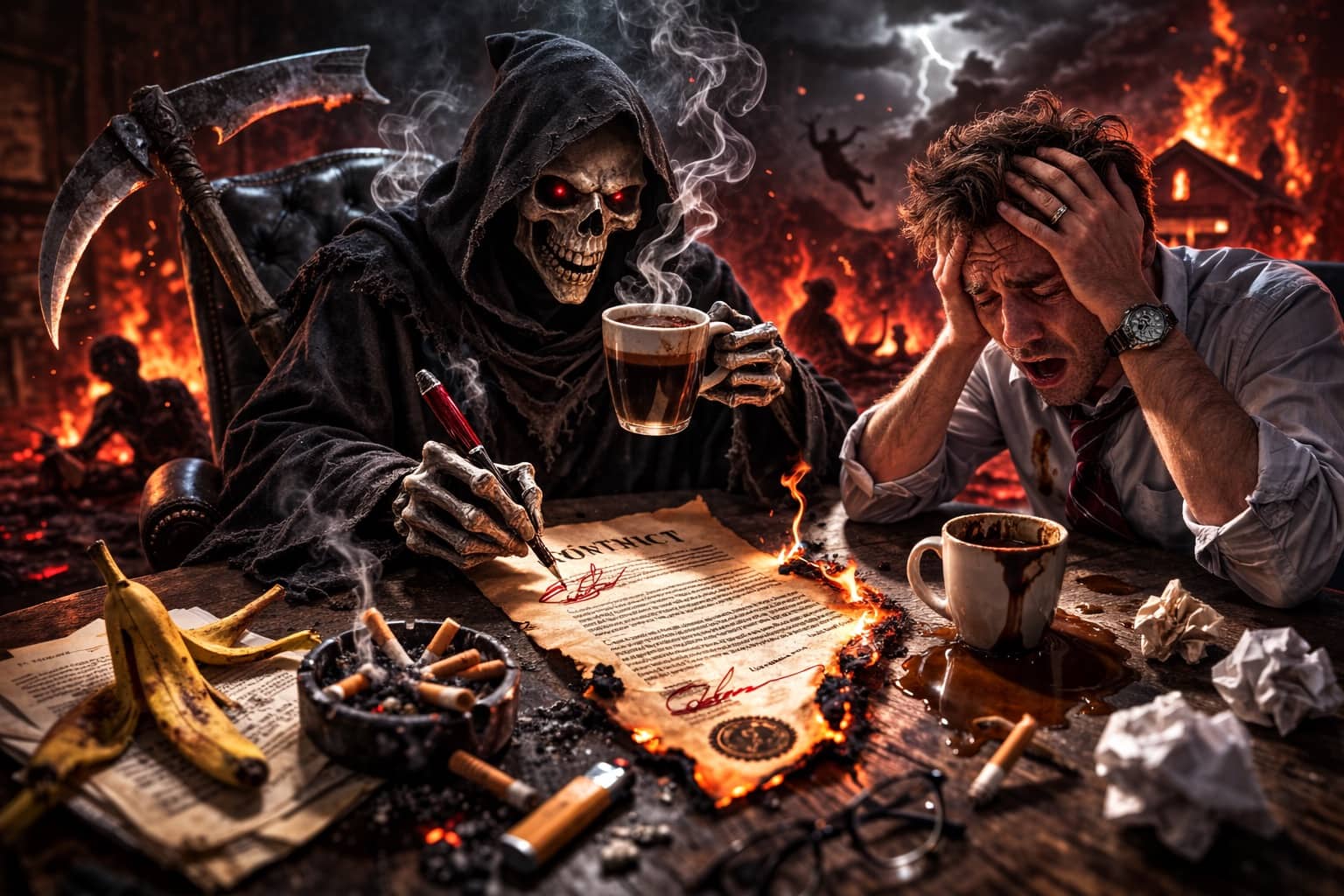 Grim Reaper signing a contract for a stressed businessman in hell, dark humor memes concept.