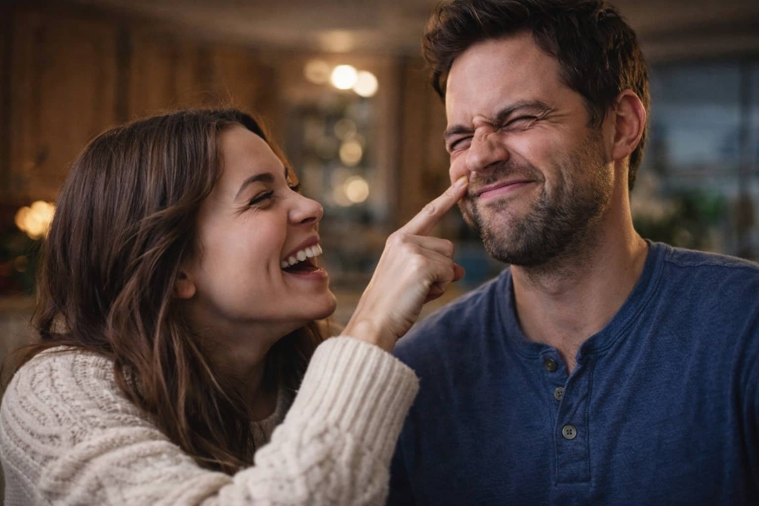 Woman playfully poking a man's face while laughing, representing funny relationship memes and couples humor.