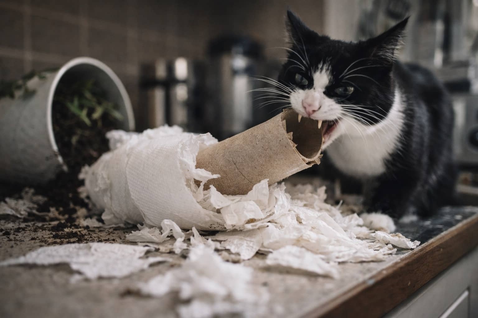 Mischievous tuxedo cat biting a toilet paper roll next to a knocked over plant for worlds worst cats.