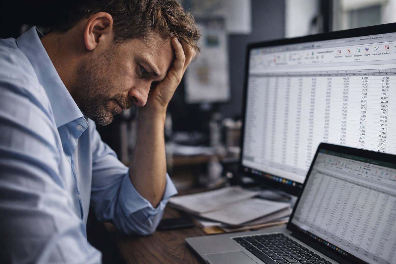Frustrated man holding head while looking at complex spreadsheets on computer for relatable accountant memes.