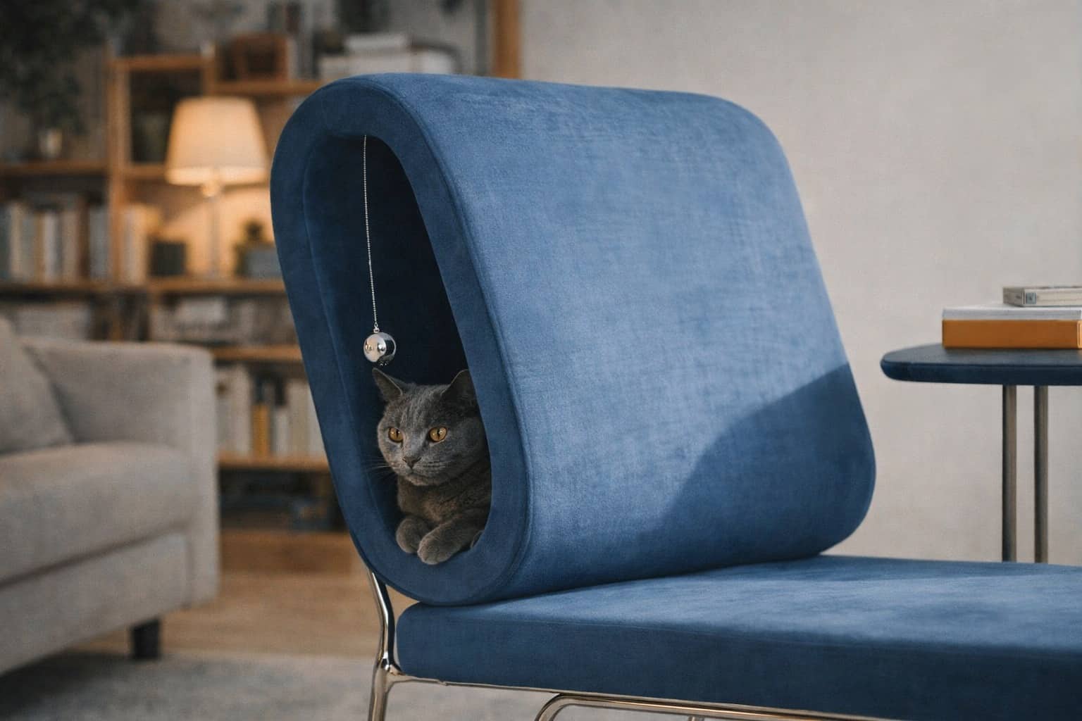 Grey cat sitting inside a modern blue chair with built-in tunnel and hanging toy furniture.