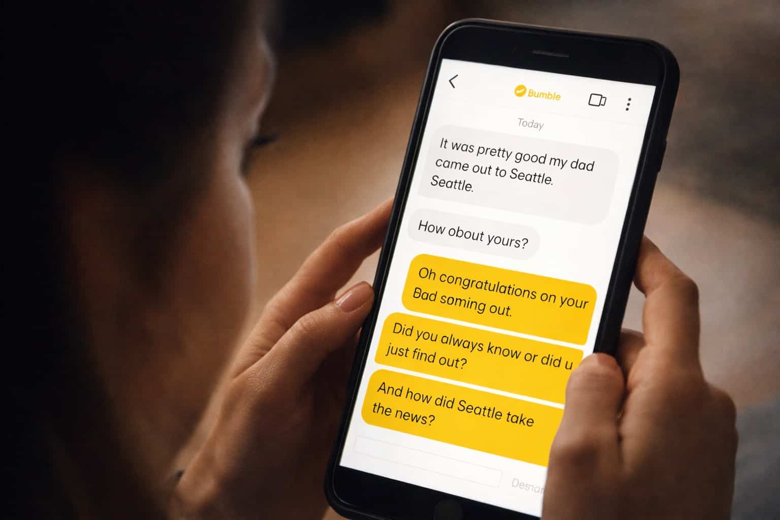 Cringey Bumble message exchange where a user misinterprets a typo about a dad coming to Seattle.