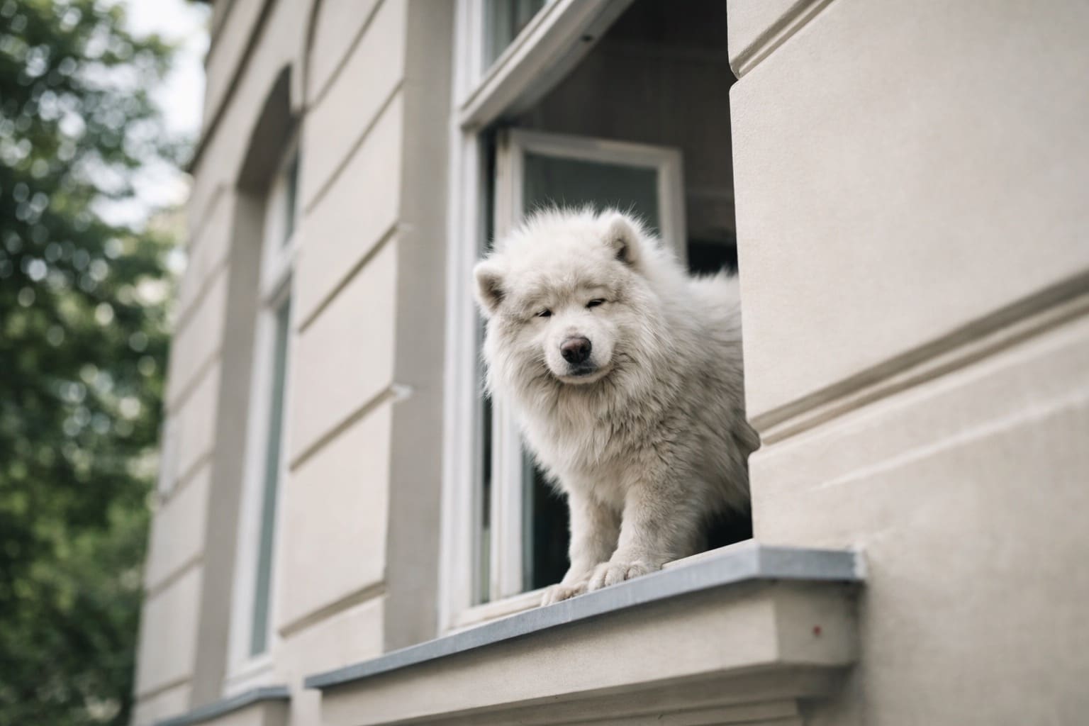 Fluffy white dog standing on a high window ledge looking out at the street for dogs looking out windows.