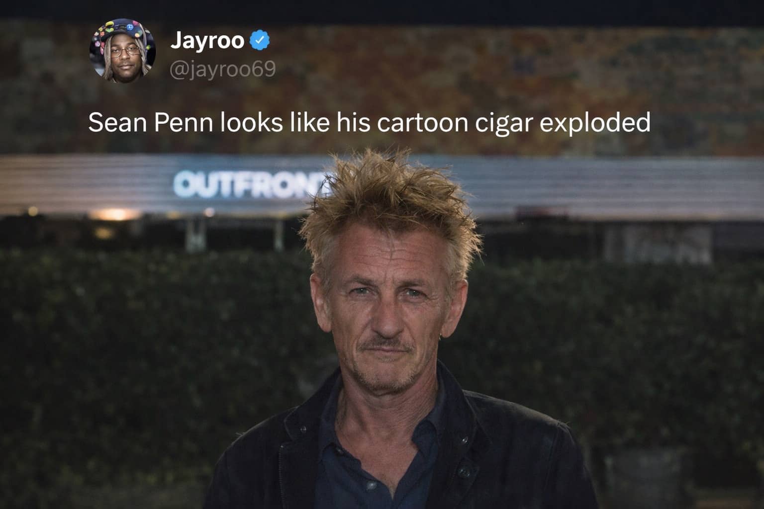 Social media post with a rare insults caption comparing Sean Penn's messy hair to an exploded cigar.