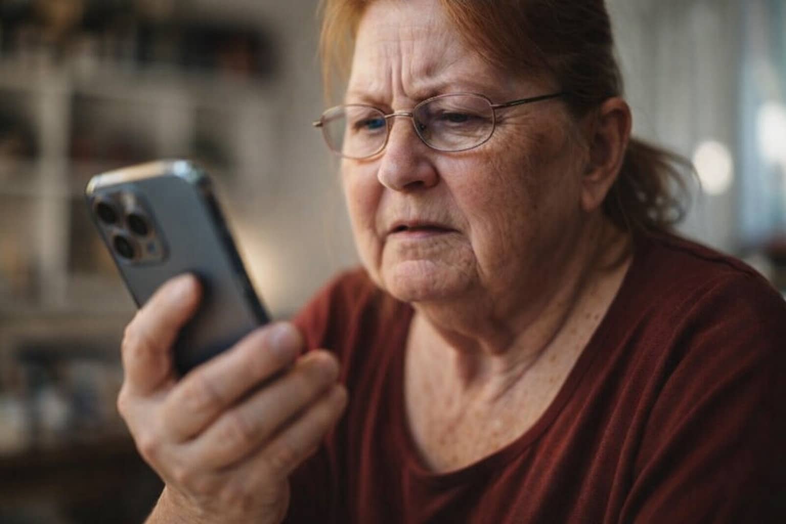 Elderly woman with glasses looking confused and squinting at her smartphone screen while using social media.