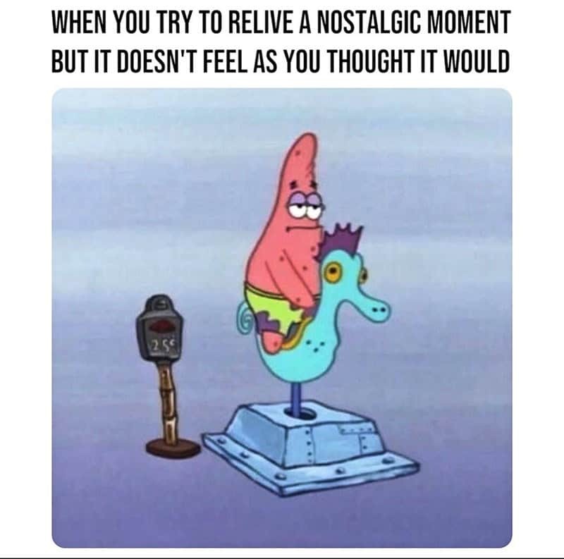 SpongeBob SquarePants character Patrick Star looking disappointed while riding a small coin-operated seahorse ride.