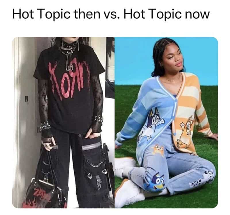 Fashion comparison of the dark gothic Hot Topic aesthetic of the past versus colorful Bluey clothing today.