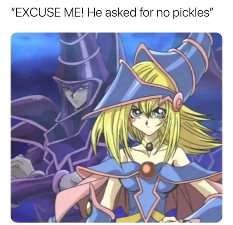 Dark Magician Girl from Yu-Gi-Oh aggressively defending her friend who asked for no pickles.