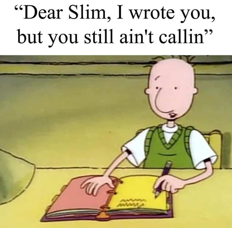 Doug Funnie from the cartoon Doug intensely writing in a journal with Eminem lyrics overlay.