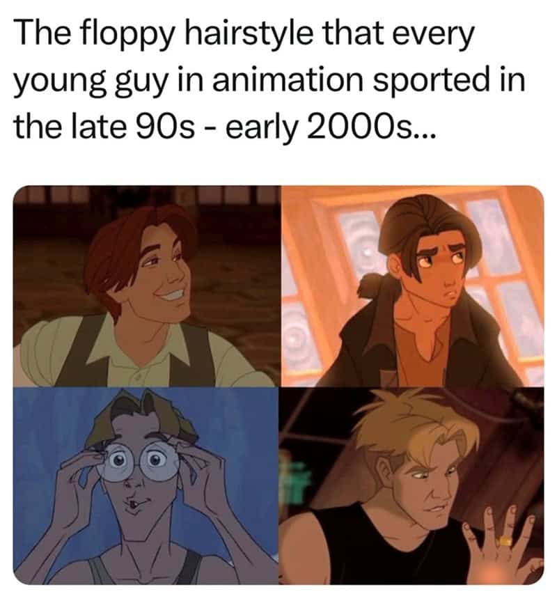 : A collage of 90s animated male leads all sporting the same iconic floppy middle-part hairstyle.