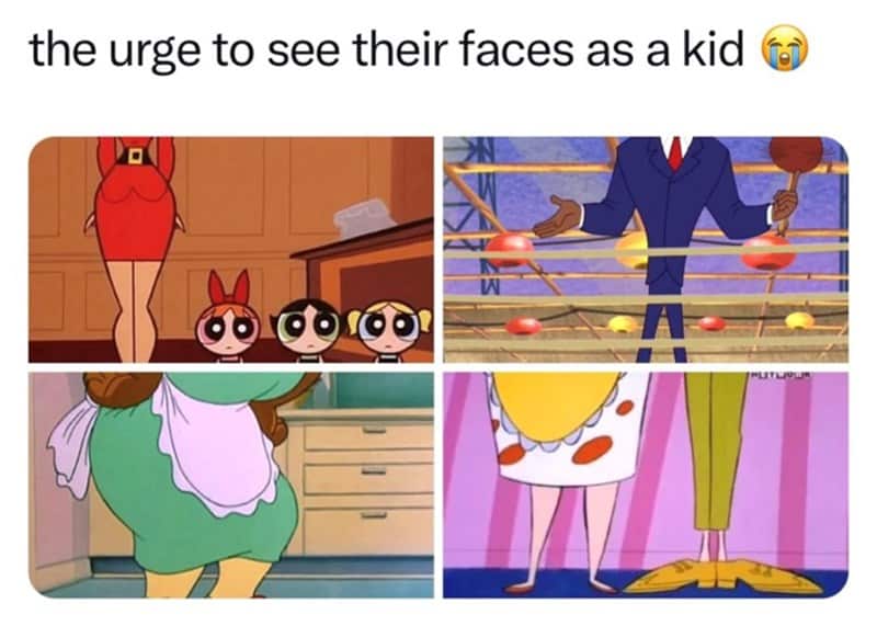 our panels showing faceless adult characters from Powerpuff Girls, Cow and Chicken, and Tom and Jerry.