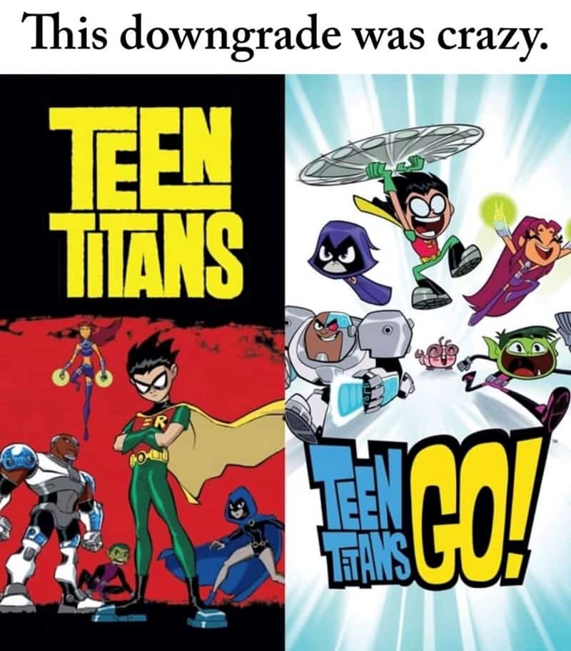Side-by-side comparison of the serious original Teen Titans art style versus the chibi Teen Titans Go! style.