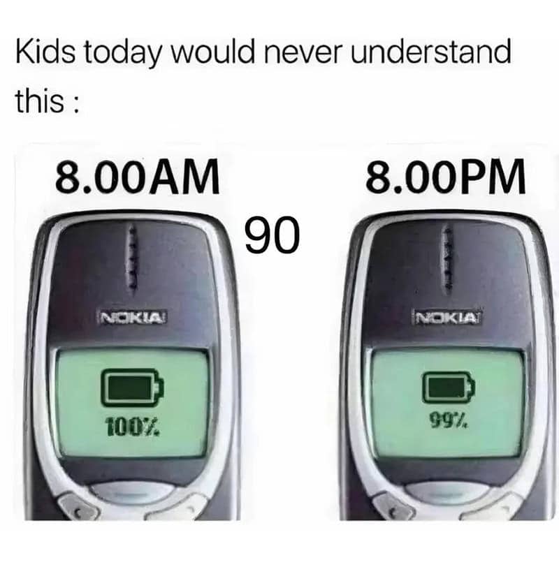 Side-by-side comparison of a Nokia phone battery at 100 percent in the morning and 99 percent at night.