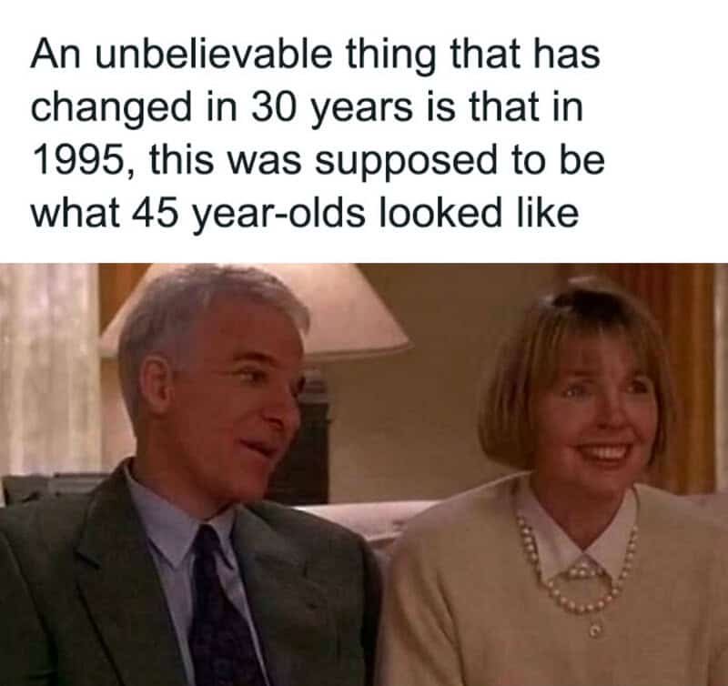 Scene from Father of the Bride depicting Steve Martin and Diane Keaton to joke about aging perceptions.