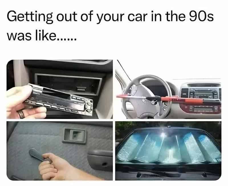 Four-panel collage of 90s car accessories like removable radio faceplates, The Club steering wheel lock, and window cranks.