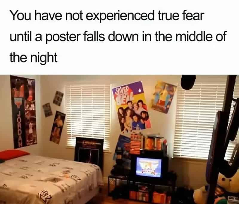 Retro bedroom with posters of Michael Jordan and Saved by the Bell, featuring a joke about falling posters.