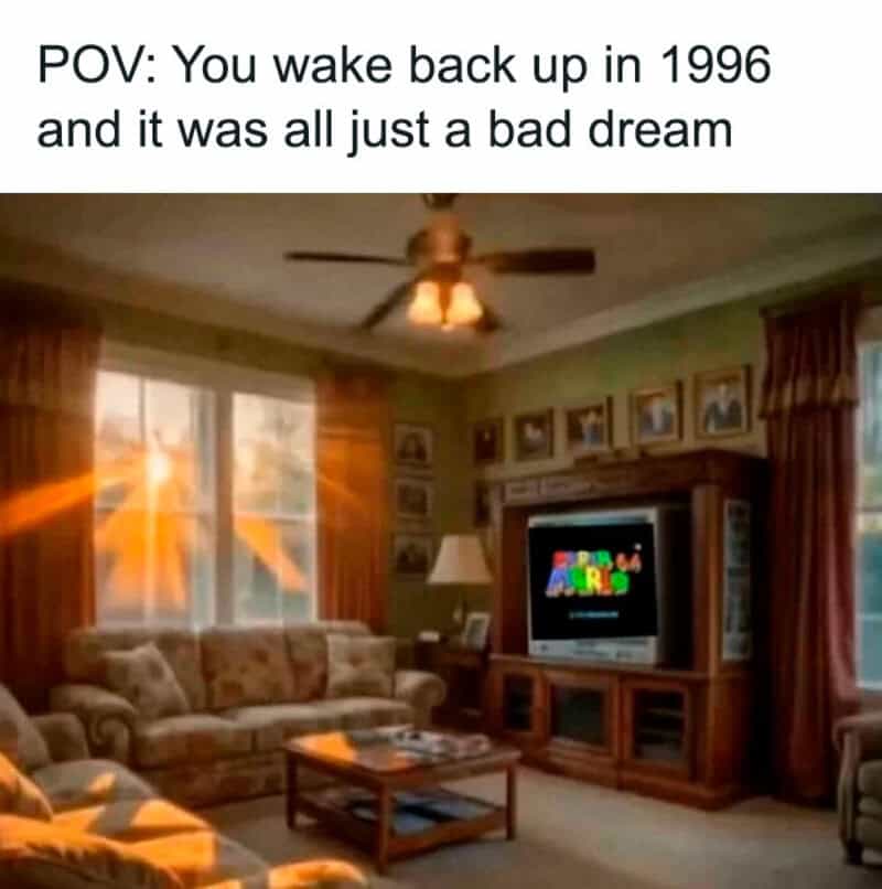 Nostalgic living room scene with a CRT television playing Super Mario 64 under a warm evening sun.