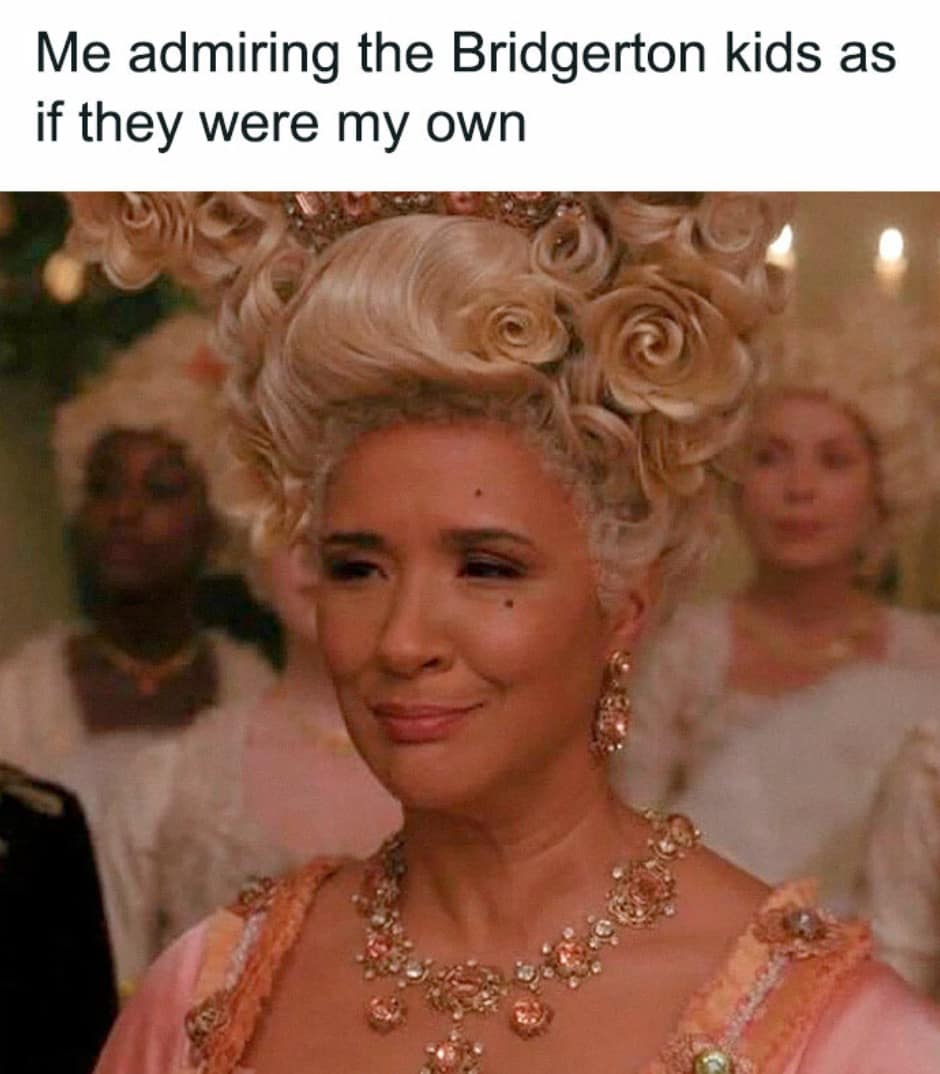 Queen Charlotte smiling warmly with teary eyes. Wholesome Bridgerton memes showing how fans proudly admire the fictional sibling characters as if they were real family.