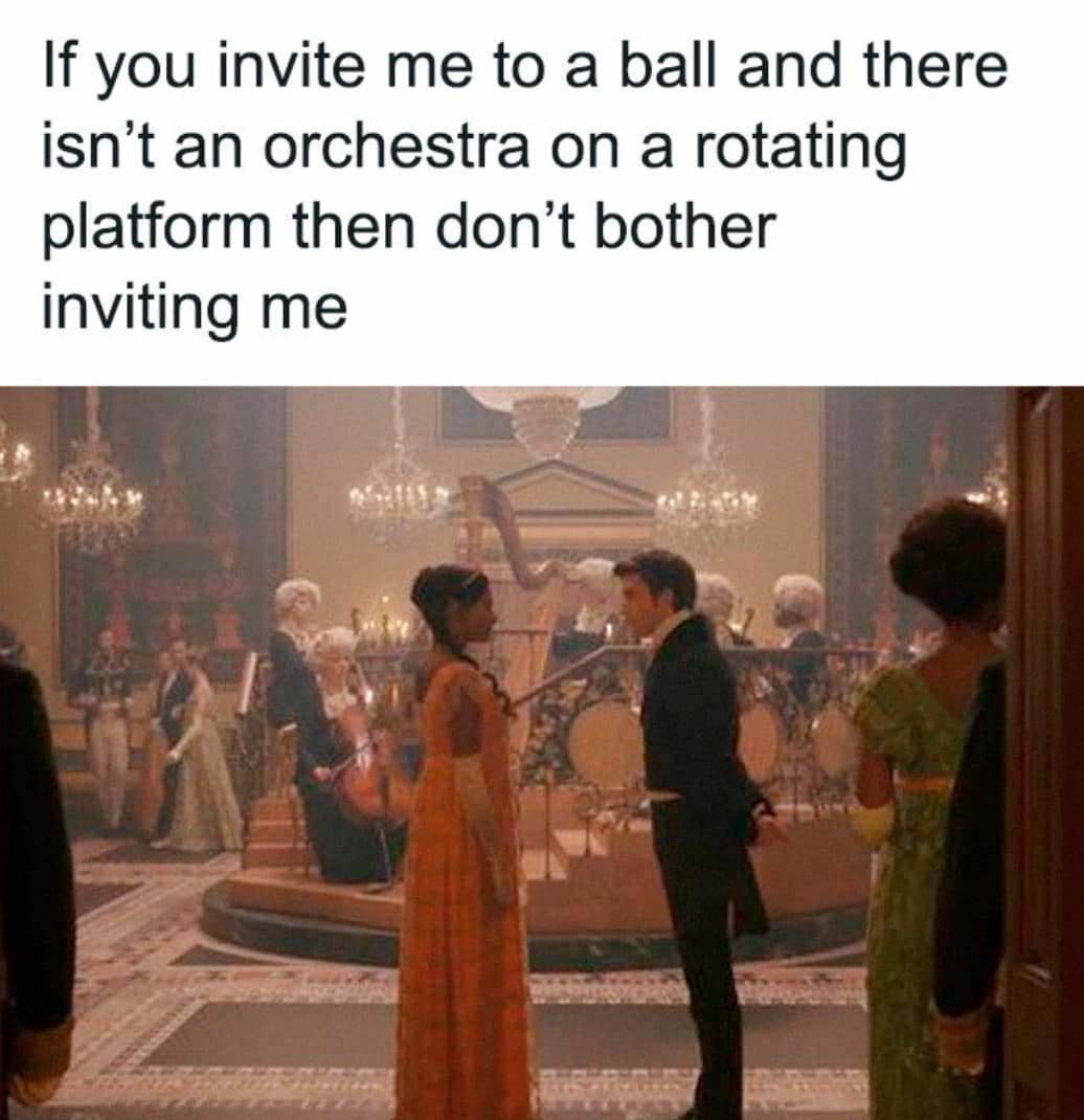 Anthony and Kate standing before a lavish rotating orchestra platform. A funny Bridgerton meme raising the absolute standard for modern party invitations and extravagant event planning.