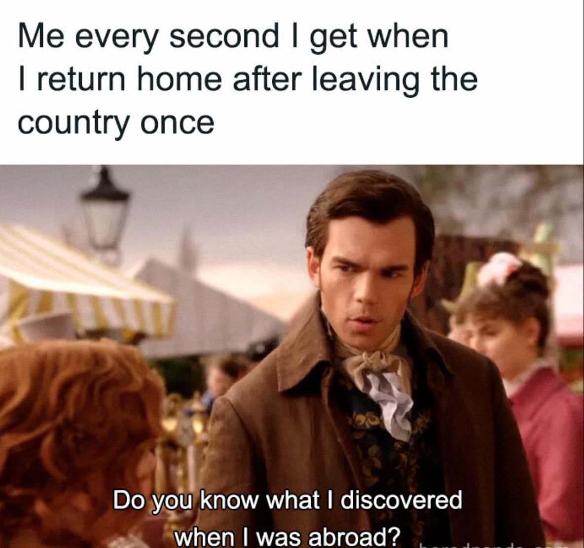 Colin Bridgerton smugly asking what he discovered abroad. Hilarious Bridgerton memes mocking that one friend who travels internationally once and makes it their entire personality.