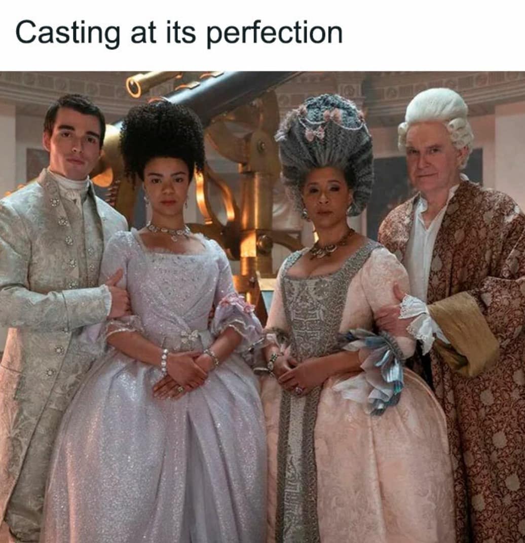 Cast members of the prequel series standing together in elegant period clothing. A positive Bridgerton meme celebrating the absolute perfection of the show's casting choices.