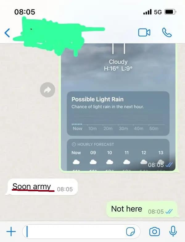 A hilarious english fail in a text chat where someone looks at a light rain weather forecast and dramatically warns of a "Soon army," phonetically butchering the word "tsunami."