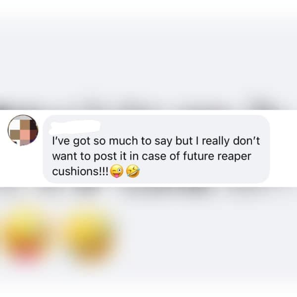 A dramatic social media english fail where a user refuses to post their true feelings to avoid any "future reaper cushions," a massive phonetic misunderstanding of "repercussions."