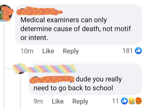 A true crime discussion turned into an english fail when a user confidently declares that medical examiners can only determine the cause of death and not the "motif," incorrectly using it in place of "motive."
