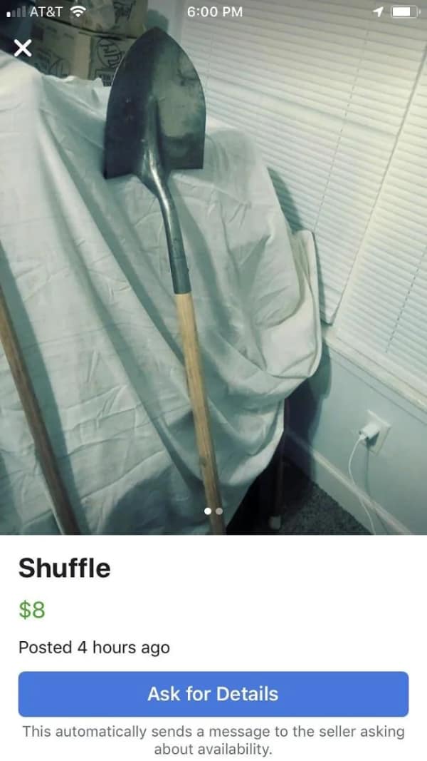 An incredibly funny online marketplace english fail showing a photograph of a standard, long-handled garden shovel completely mislabeled with the title "Shuffle" and listed for sale for $8.