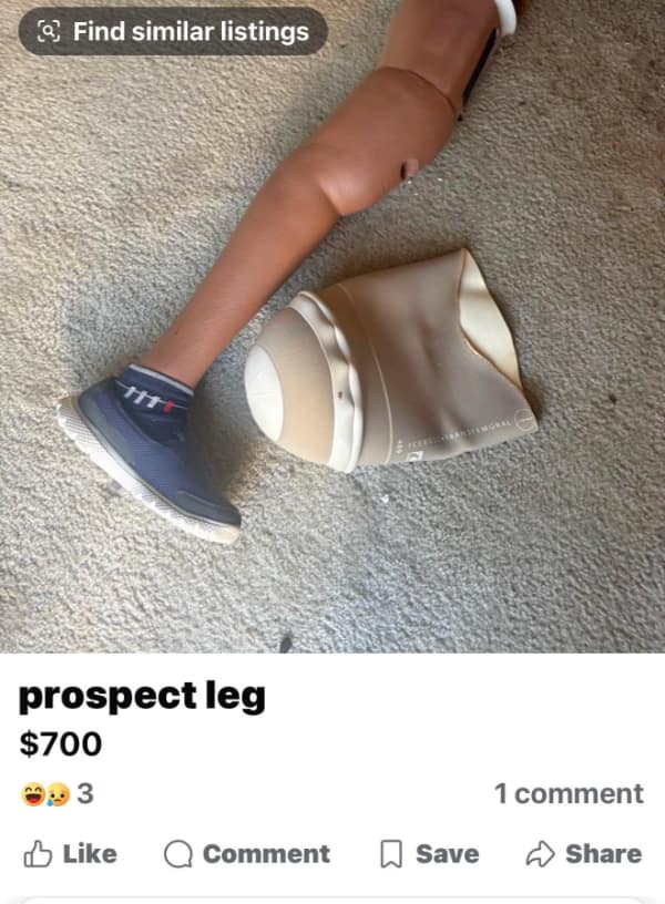 A wild marketplace english fail featuring a photograph of a detached, used prosthetic leg resting on a carpet, absurdly listed for $700 under the completely wrong, phonetically butchered name "prospect leg."