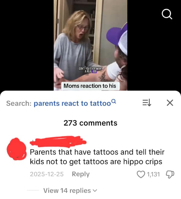 A masterpiece english fail from a TikTok comment section where a user tries to call out double standards, brilliantly spelling "hypocrites" as "hippo crips" when criticizing parents who have tattoos but forbid them for their kids.