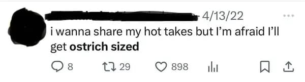 A highly relatable moment of people forgetting the word in a tweet, leading to the phenomenal english fail where the user admits they are afraid to share their hot takes because they might get "ostrich sized" instead of "ostracized."