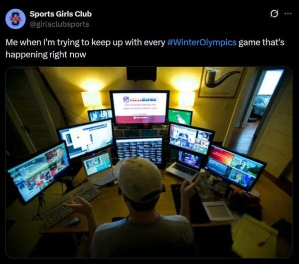 Alt Text: A funny winter olympics reaction meme showing a person sitting in front of a chaotic multi-monitor setup trying to watch every single game happening at once.