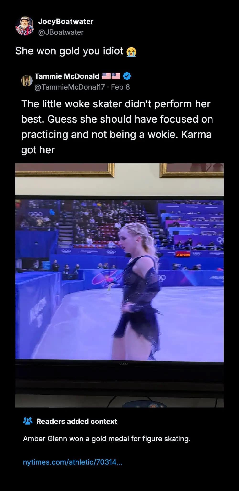 A viral funny winter olympics reaction showing a troll getting fact-checked by Community Notes after mocking a figure skater who actually won the gold medal.