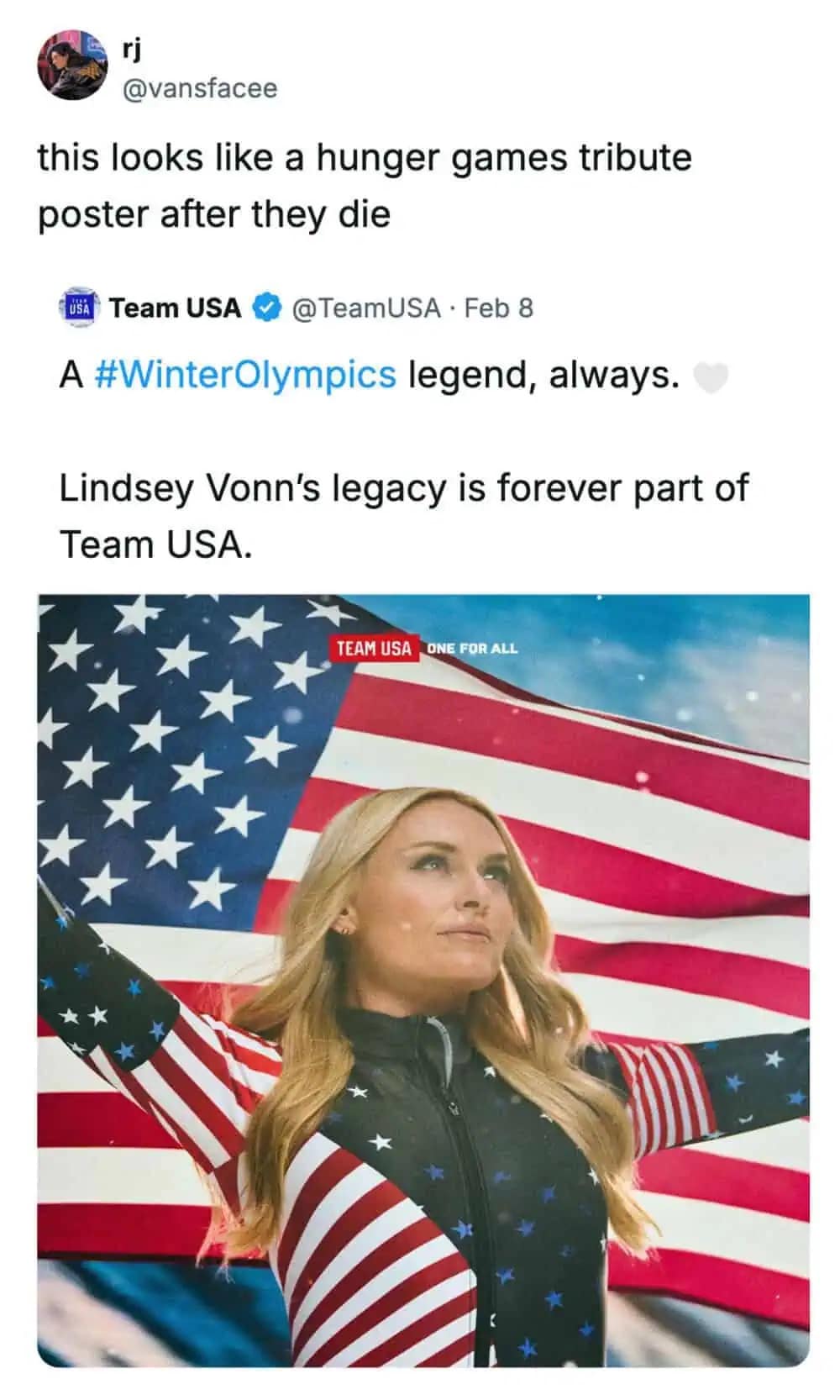 A funny winter olympics reaction comparing a dramatic Team USA tribute poster for Lindsey Vonn to a Hunger Games fallen tribute announcement.