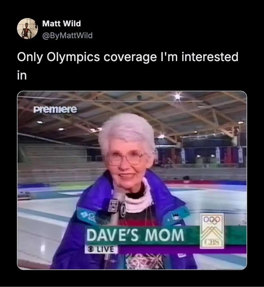 A nostalgic and funny winter olympics reaction stating that the only sports coverage that truly matters is the classic segments featuring Dave Letterman's mom.