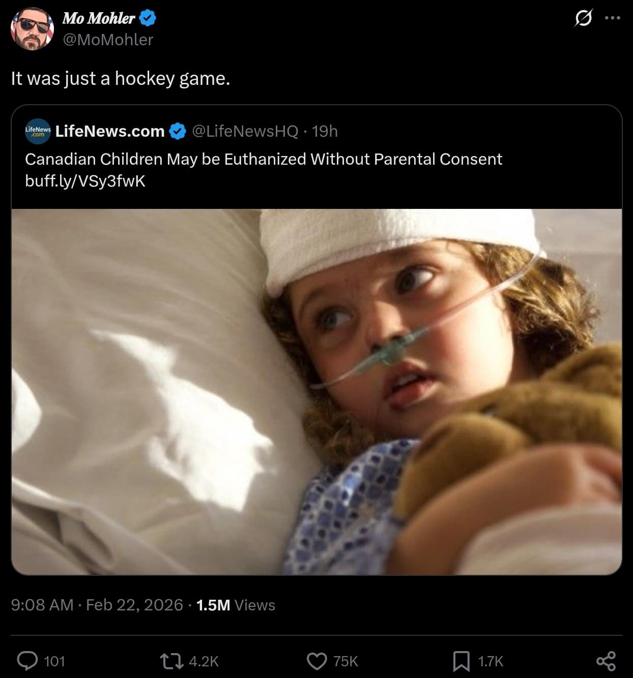 A dark humor Milan Olympics 2026 memes post showing a tweet that dramatically replies "It was just a hockey game" to a completely unrelated headline about Canadian children being euthanized, perfectly capturing the devastating, hyperbolic national heartbreak of a Canadian Olympic hockey loss.