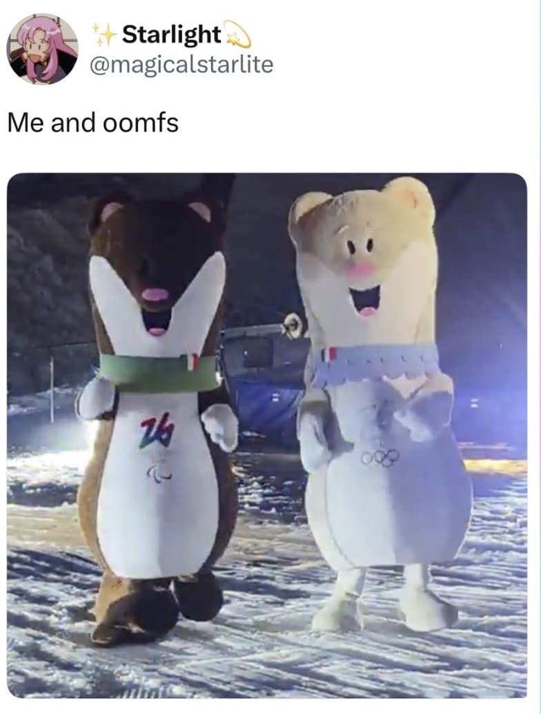 A wholesome Milan Olympics 2026 memes post showing the two official stoat mascots, Tina and Milo, happily walking together in the snow, captioned "Me and oomfs" to playfully represent close internet friendships.