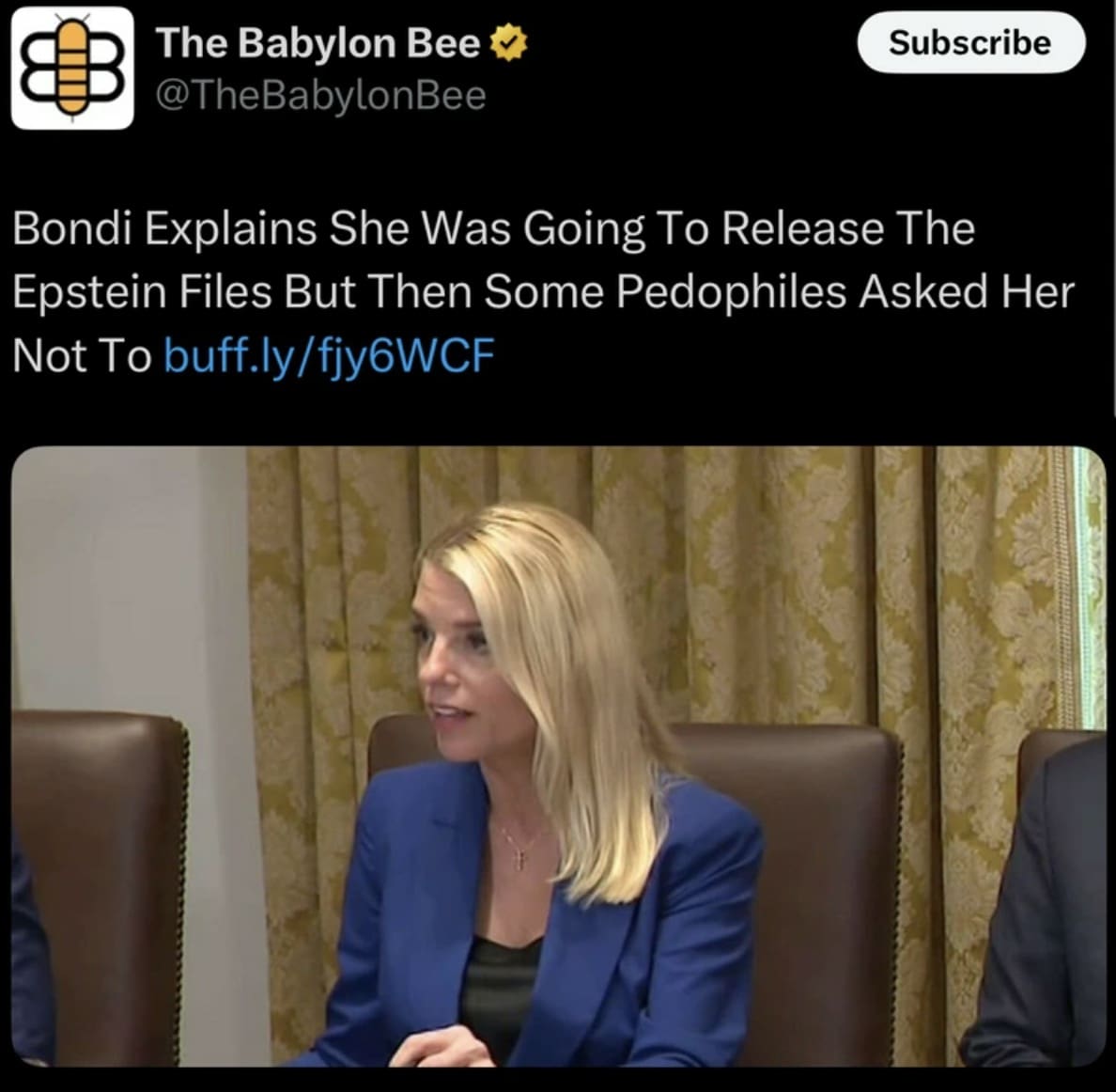 A Pam Bondi hearing meme from The Babylon Bee satirizing her explanation regarding the release of the Epstein files.
