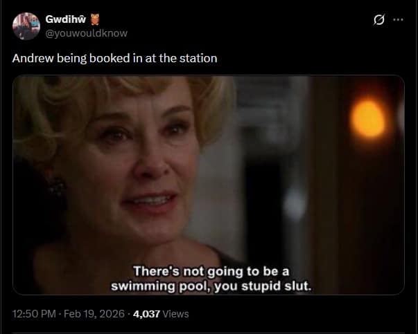 A ruthless pop culture Prince andrew arrest meme reaction using a screenshot of Jessica Lange from American Horror Story delivering the vicious line, "There's not going to be a swimming pool, you stupid sl*t," to depict Andrew being booked at the police station.