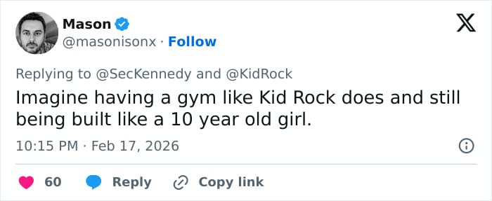 A brutal RFK JR and Kid Rock workout meme featuring a tweet mocking the duo's physiques, stating "Imagine having a gym like Kid Rock does and still being built like a 10 year old girl."