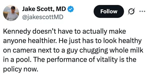 An insightful RFK Jr sauna meme featuring a doctor's tweet pointing out that the bizarre video proves "the performance of vitality is the policy now" rather than actual health.