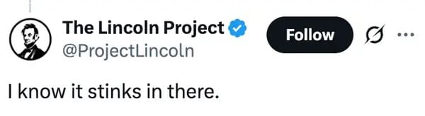 A hilarious reaction RFK Jr sauna meme featuring a quote-tweet from The Lincoln Project brutally reacting to the sweaty workout video by simply stating, "I know it stinks in there."