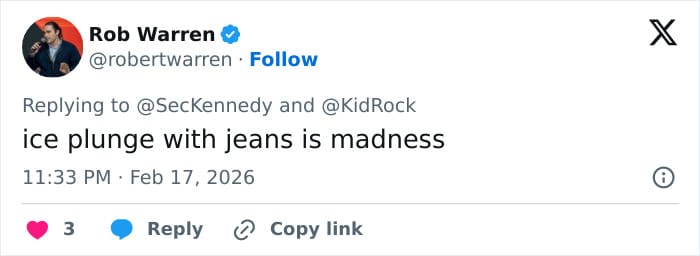 A critical RFK JR and Kid Rock workout meme tweet pointing out the utter insanity of the duo's activities, bluntly stating that doing an "ice plunge with jeans is madness."