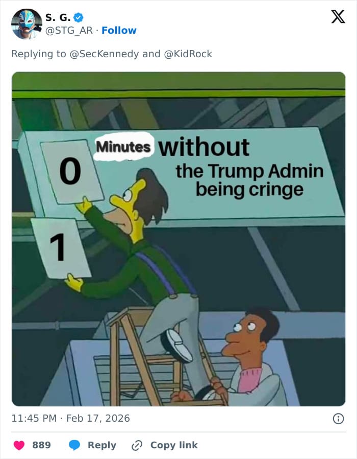 A classic Simpsons reaction RFK Jr sauna meme showing a worker resetting a workplace accident counter sign to read "0 Minutes without the Trump Admin being cringe" in response to the viral video.