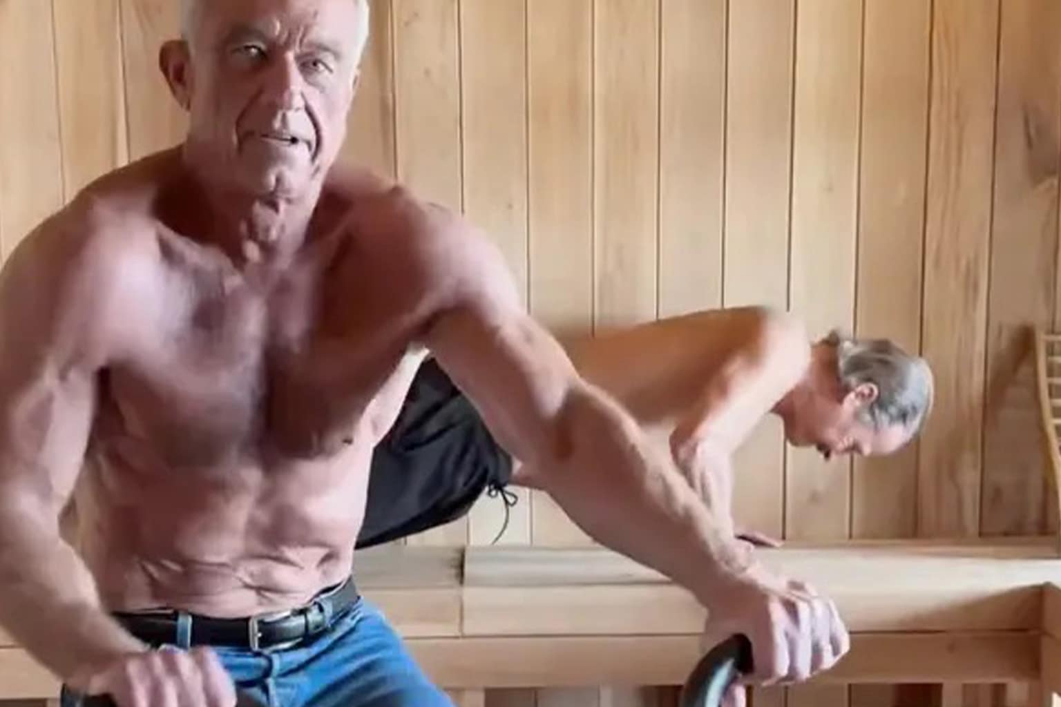 RFK Jr sauna memes compilation: A collage featuring RFK Jr. doing pushups in jeans, the "0 Minutes without the Trump Admin being cringe" Simpsons reaction, and the devastating "Windows shutdown sound" tweet.